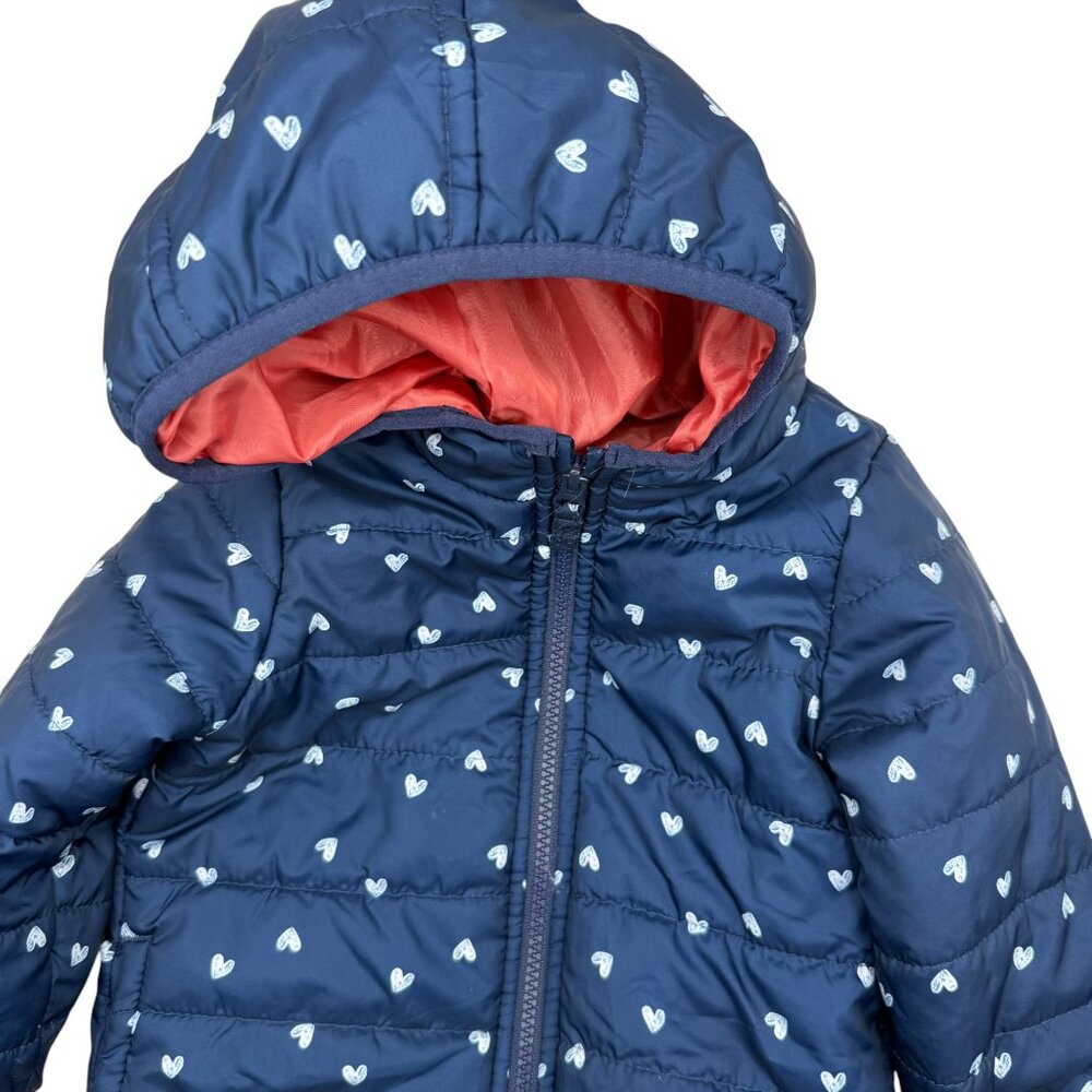Carters Girls Coat 24 Months Hooded Puffer Jacket Blue White Hearts Print - Picture 2 of 5